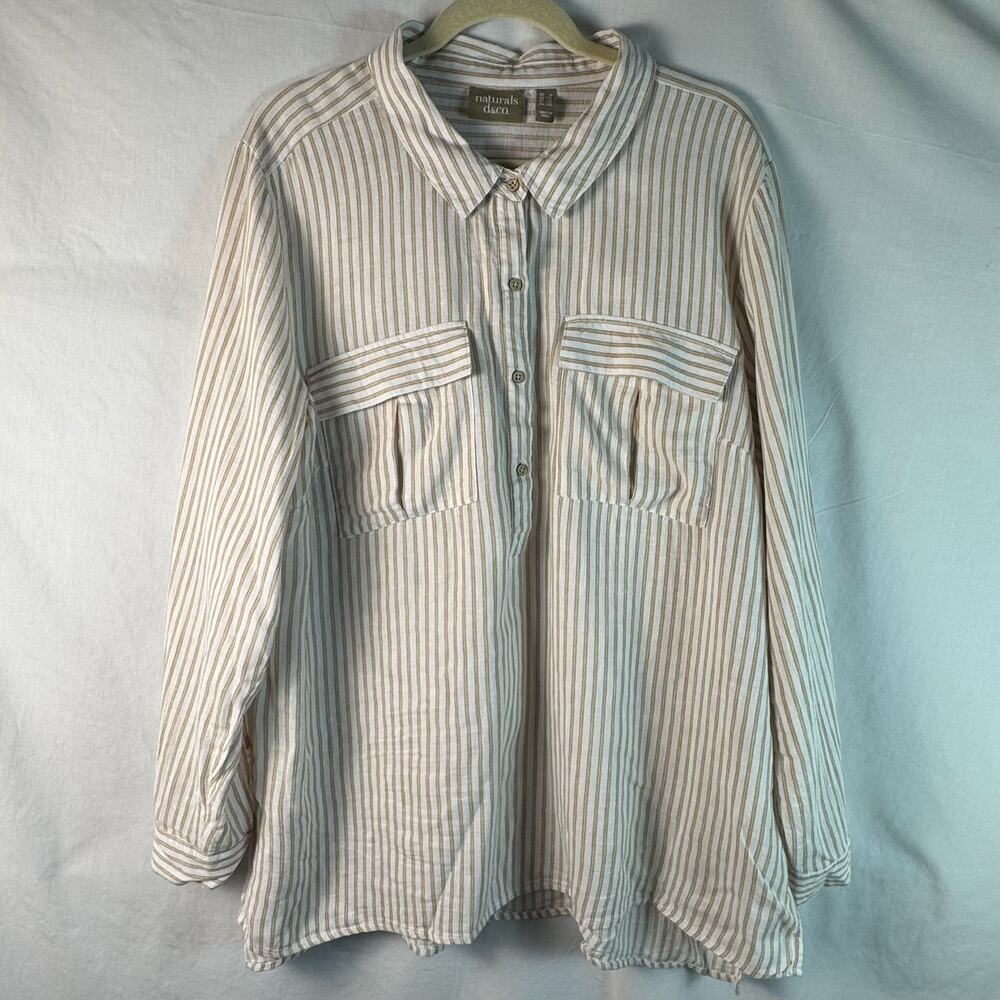 Naturals D&Co Popover Top Womens Size 1X Beige Striped Linen Cotton Minimalist